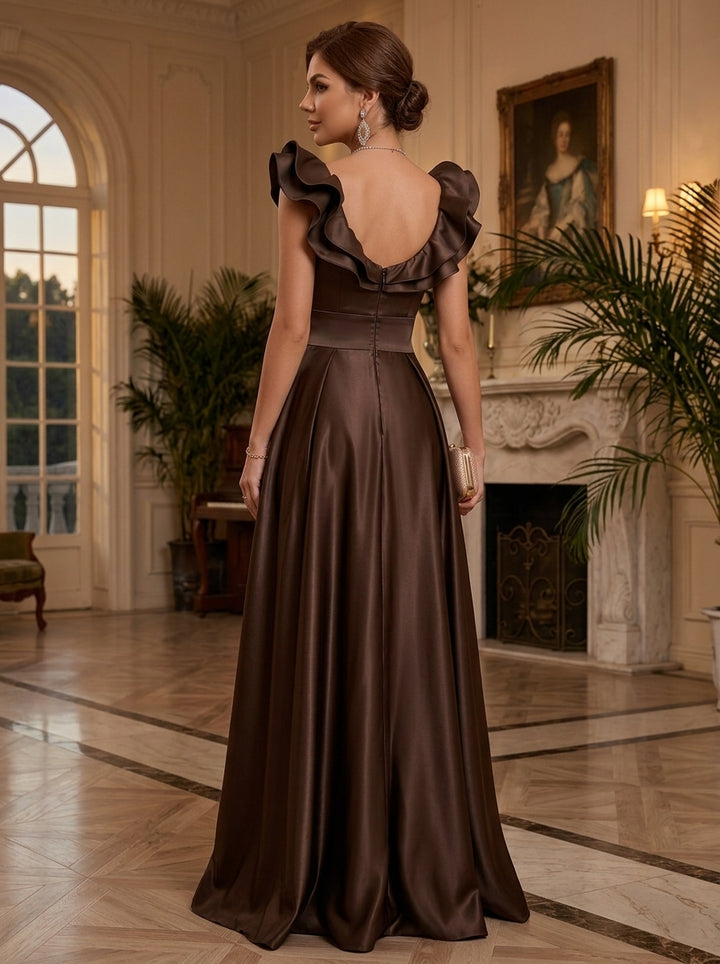 A-Line/Princess V-Neck Satin Formal Dresses with Split Side Ruffles Floor-Length Sleeveless Evening Dresses