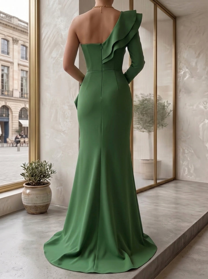 Trumpet/Mermaid One-Shoulder Stretch Satin Formal Dresses with Split Side Floor-Length Ruffles Long Sleeve Evening Dresses
