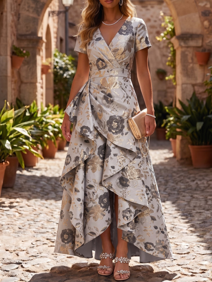 A-Line/Princess V-Neck Jacquard Formal Dresses High-Low Floor-Length Short Sleeves Ruffles Evening Dresses