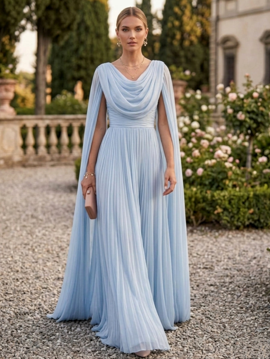 A-Line/Princess Cowl Neck Chiffon Formal Dresses Floor-Length Cape Sleeves Pleated Evening Dresses