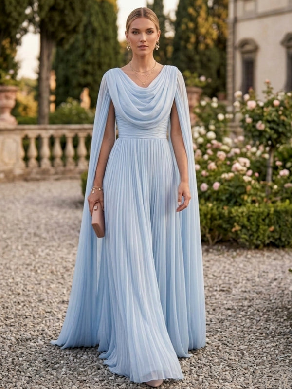 A-Line/Princess Cowl Neck Chiffon Formal Dresses Floor-Length Cape Sleeves Pleated Evening Dresses