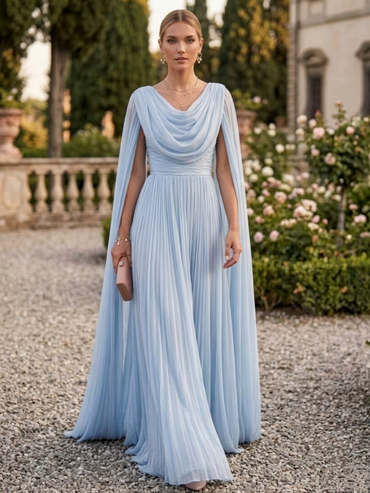 A-Line/Princess Cowl Neck Chiffon Formal Dresses Floor-Length Cape Sleeves Pleated Evening Dresses
