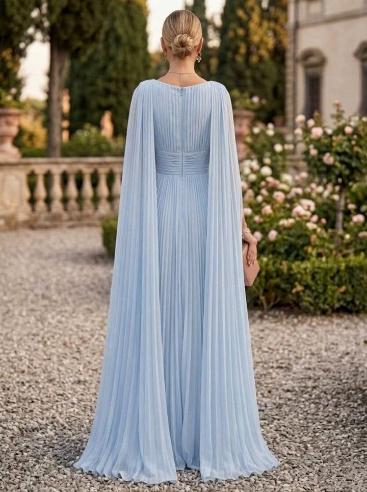 A-Line/Princess Cowl Neck Chiffon Formal Dresses Floor-Length Cape Sleeves Pleated Evening Dresses