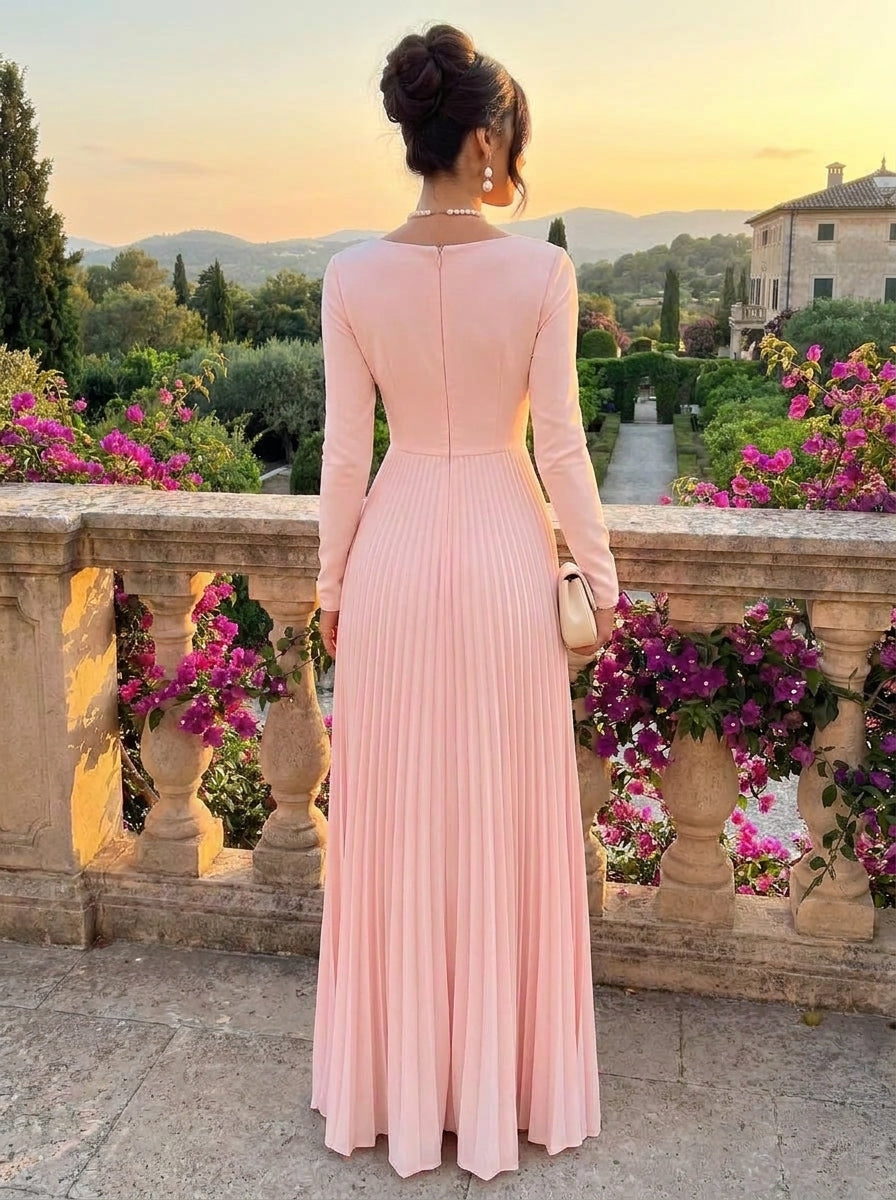 A-Line/Princess Square Collar Chiffon Formal Dresses Floor-Length Long Sleeves Pleated Evening Dresses