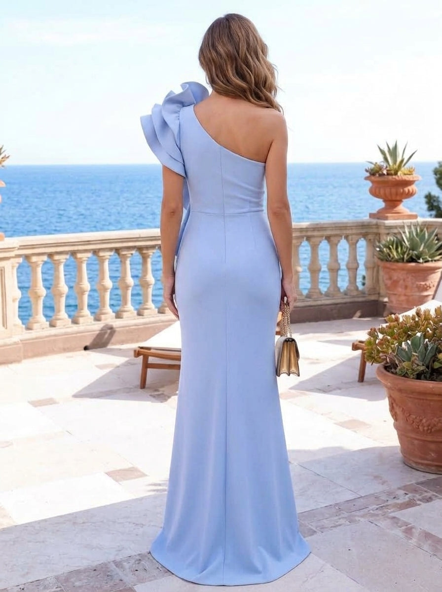Trumpet/Mermaid One-Shoulder Stretch Satin Formal Dresses with Split Side Floor-Length Ruffles Sleeveless Evening Dresses