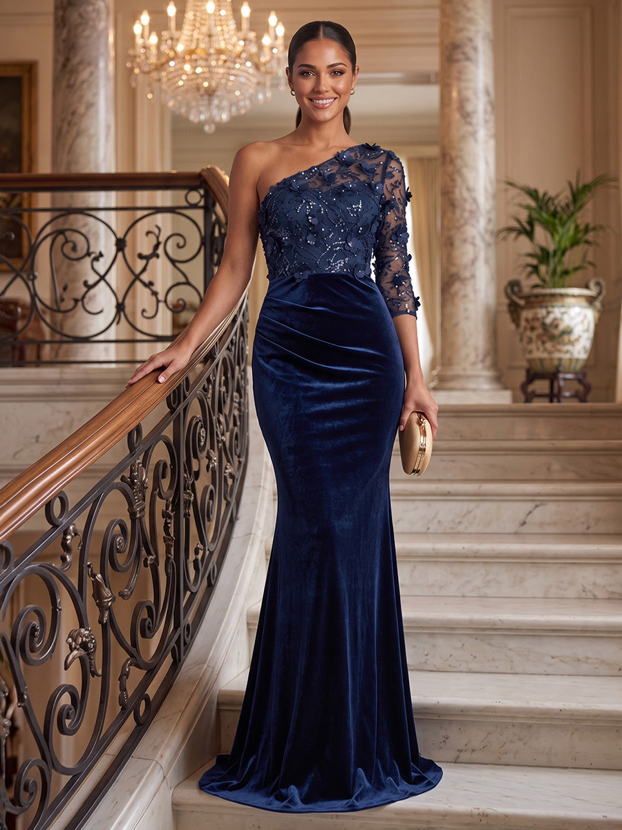 Trumpet/Mermaid One-Shoulder Velvet Evening Dresses Floral Sequins Floor-Length 3/4 Sleeves Formal Dresses