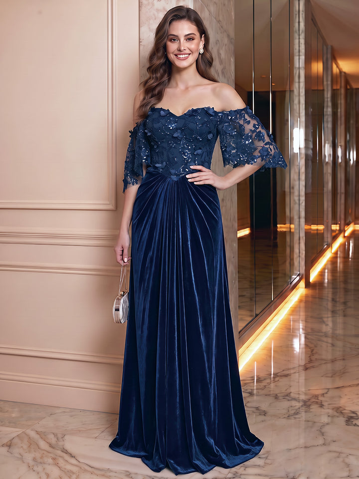 A-Line/Princess Off-the-Shoulder Velvet Evening Dresses Floral Sequins Floor-Length Half Sleeves Formal Dresses