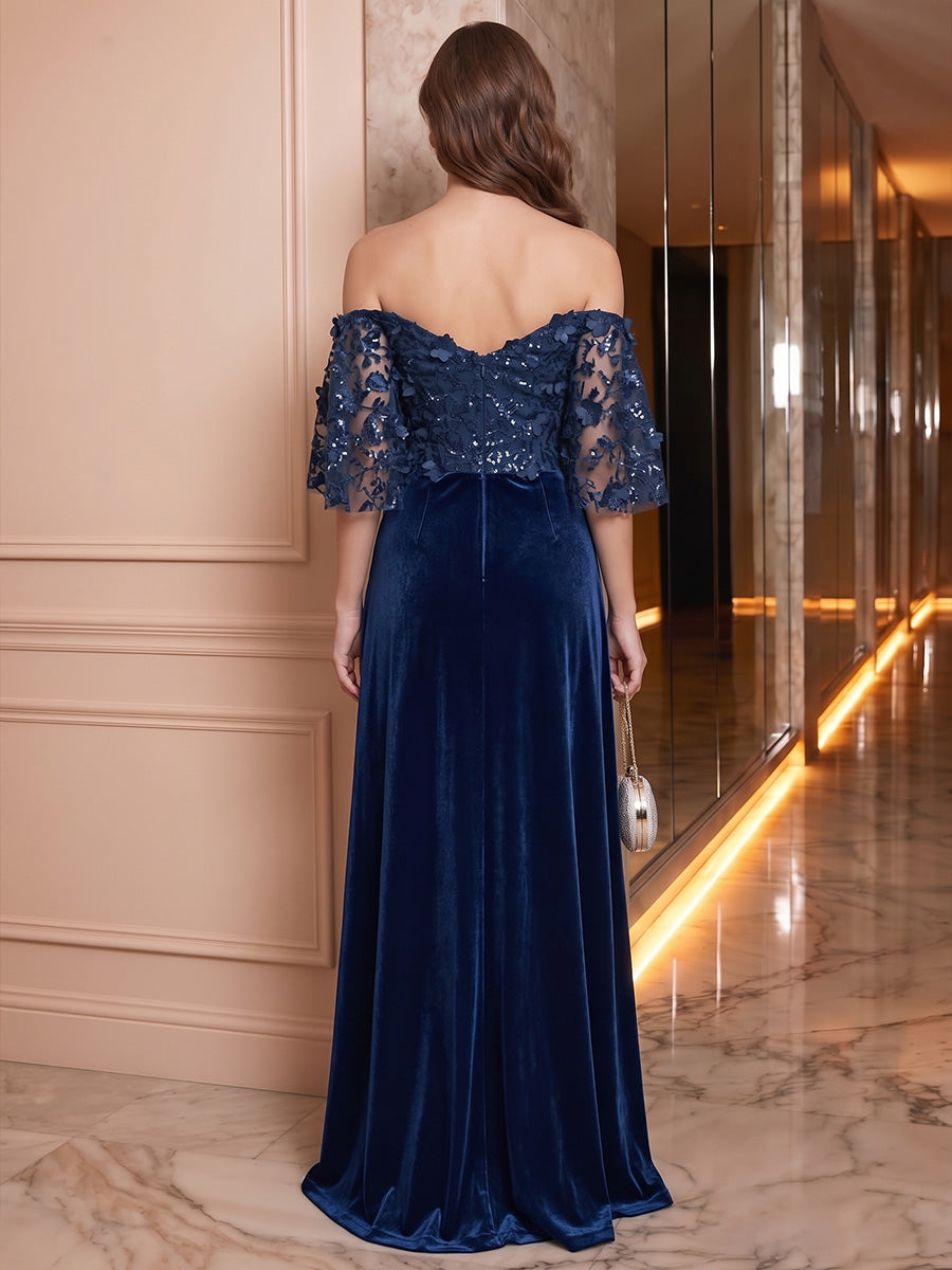 A-Line/Princess Off-the-Shoulder Velvet Evening Dresses Floral Sequins Floor-Length Half Sleeves Formal Dresses