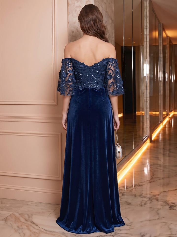 A-Line/Princess Off-the-Shoulder Velvet Evening Dresses Floral Sequins Floor-Length Half Sleeves Formal Dresses