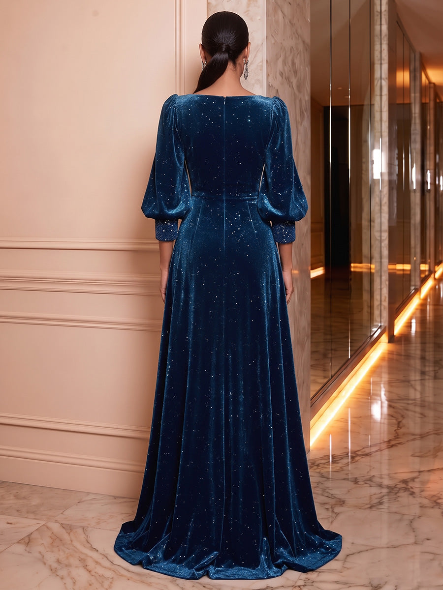 A-Line/Princess Square Collar Velvet Evening Dresses with Overskirt Floor-Length 3/4 Sleeves Formal Dresses