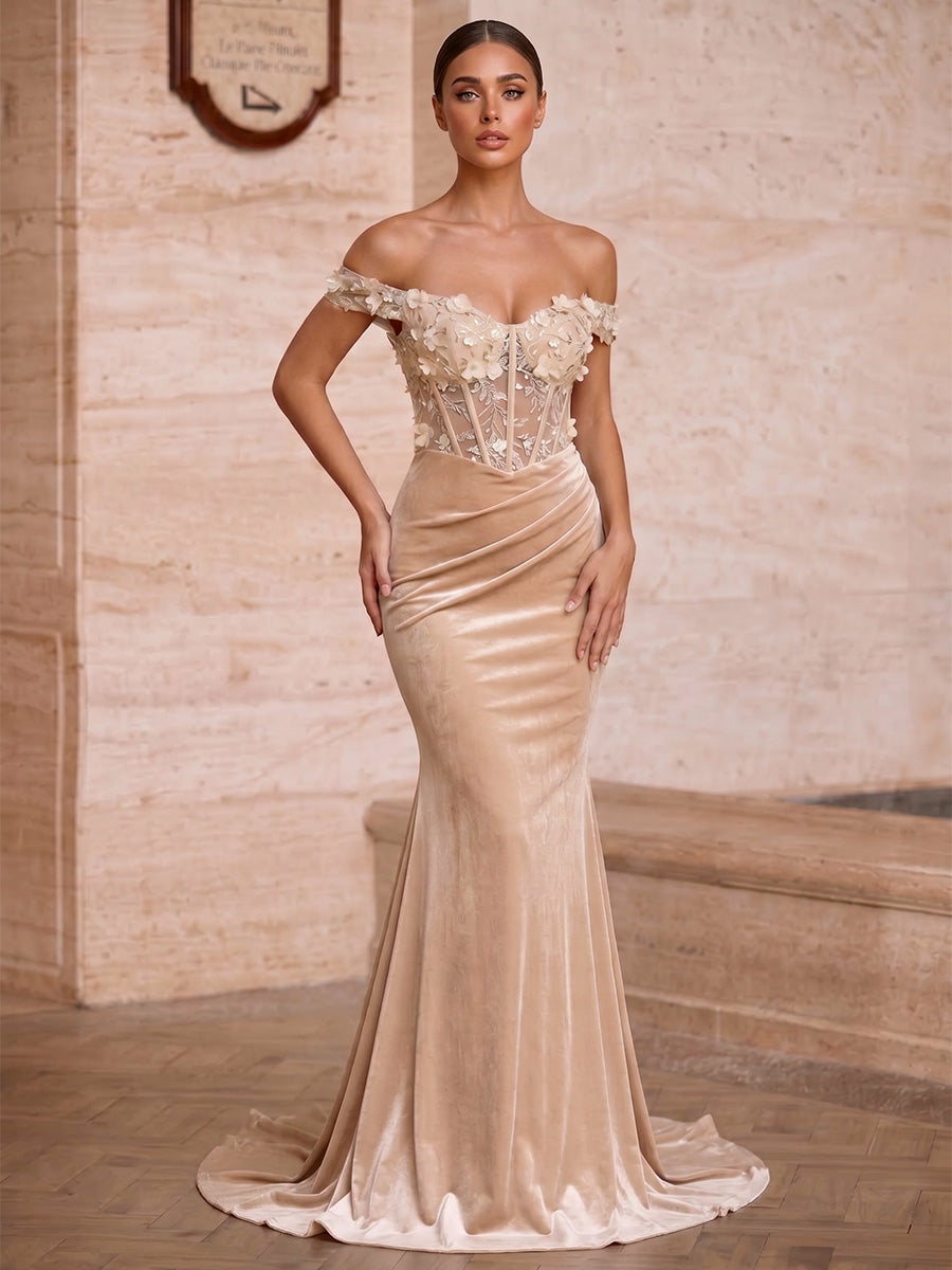 Trumpet/Mermaid Off-the-Shoulder Velvet Evening Dresses Floral Floor-Length Sleeveless Formal Dresses