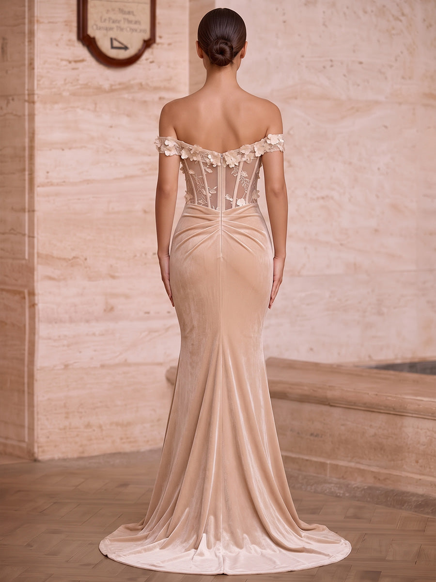 Trumpet/Mermaid Off-the-Shoulder Velvet Evening Dresses Floral Floor-Length Sleeveless Formal Dresses