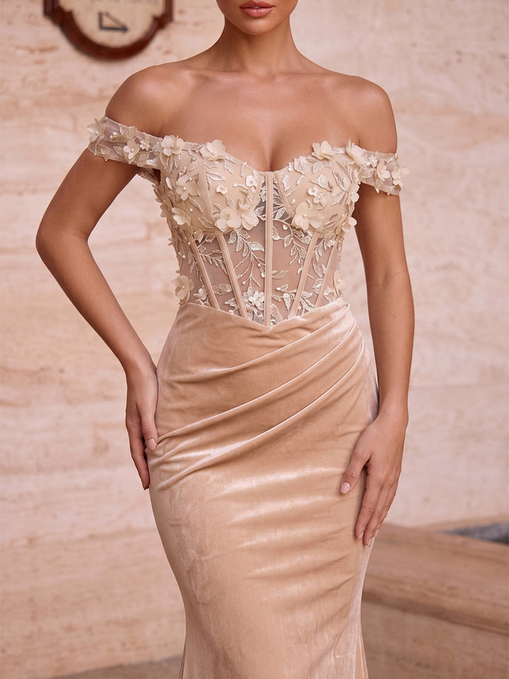 Trumpet/Mermaid Off-the-Shoulder Velvet Evening Dresses Floral Floor-Length Sleeveless Formal Dresses