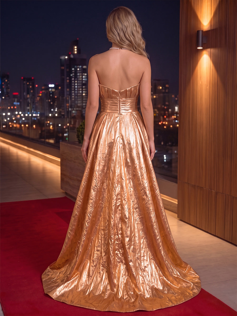A-Line/Princess Strapless Metallic Satin Evening Dresses with Split Side Floor-Length Sleeveless Formal Dresses
