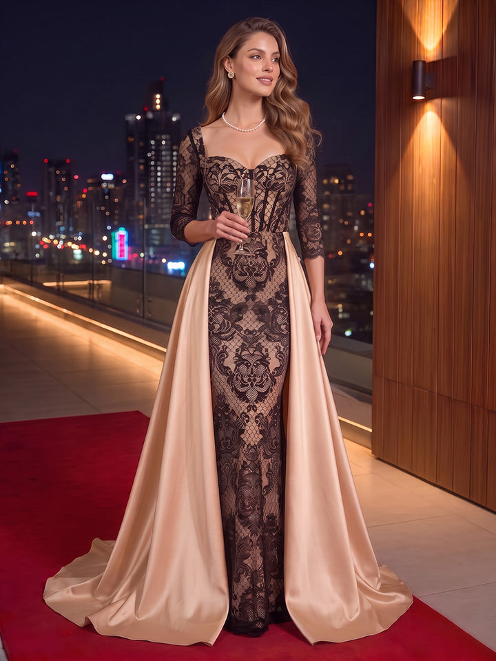 A-Line/Princess Square Collar Lace Floral Evening Dresses with Overskirt Satin Floor-Length 3/4 Sleeves Formal Dresses