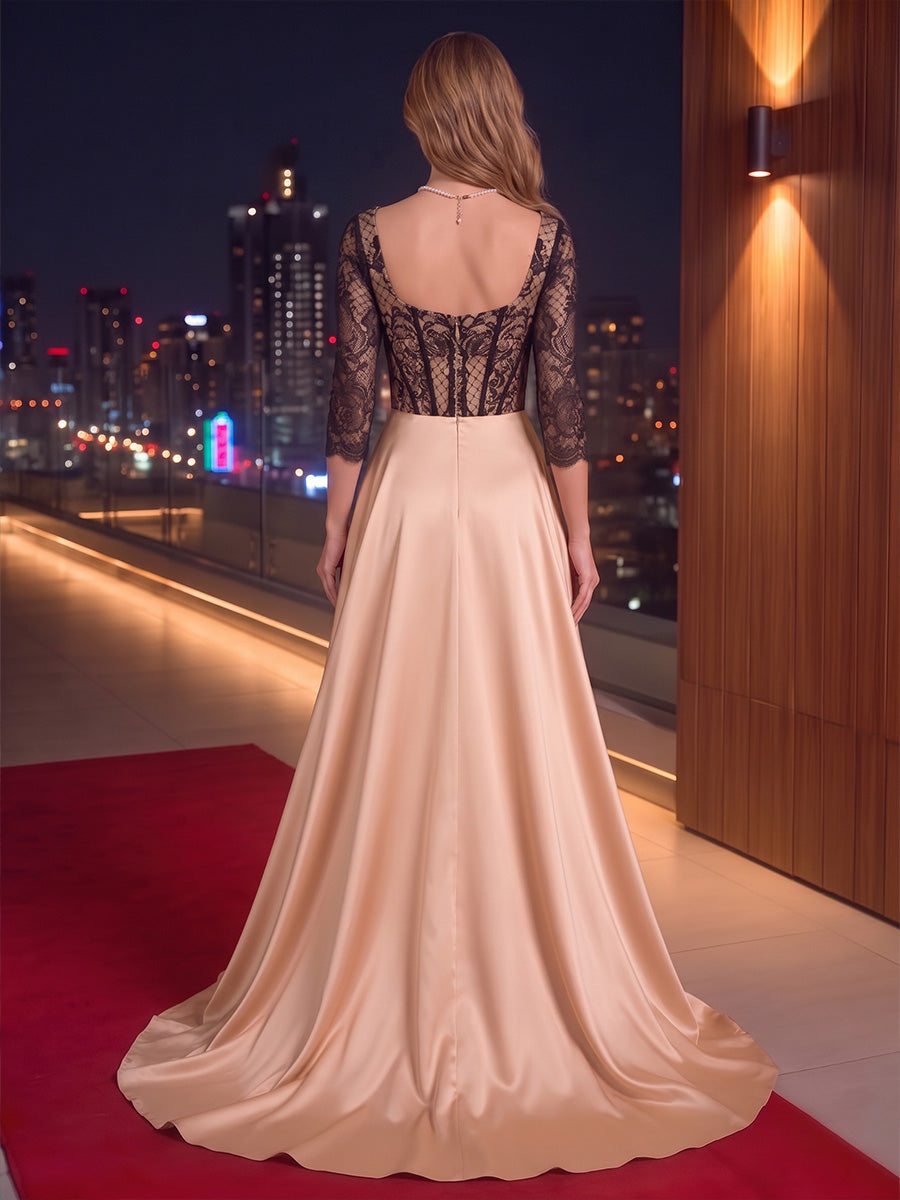 A-Line/Princess Square Collar Lace Floral Evening Dresses with Overskirt Satin Floor-Length 3/4 Sleeves Formal Dresses