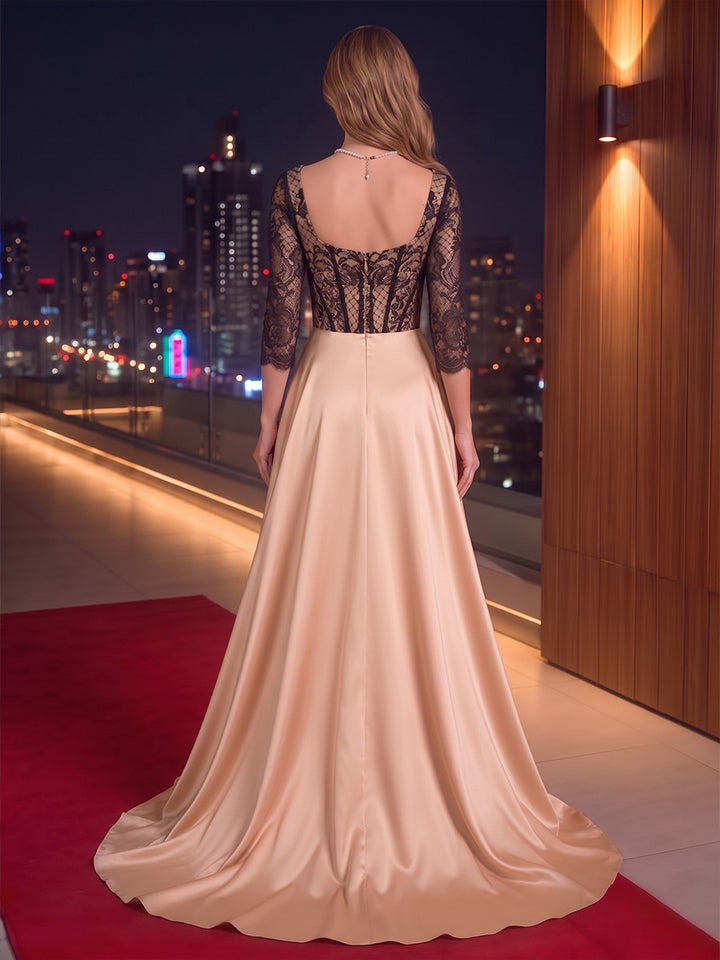 A-Line/Princess Square Collar Lace Floral Evening Dresses with Overskirt Satin Floor-Length 3/4 Sleeves Formal Dresses
