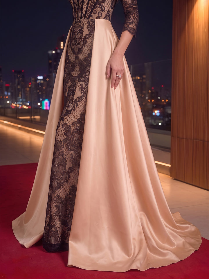 A-Line/Princess Square Collar Lace Floral Evening Dresses with Overskirt Satin Floor-Length 3/4 Sleeves Formal Dresses