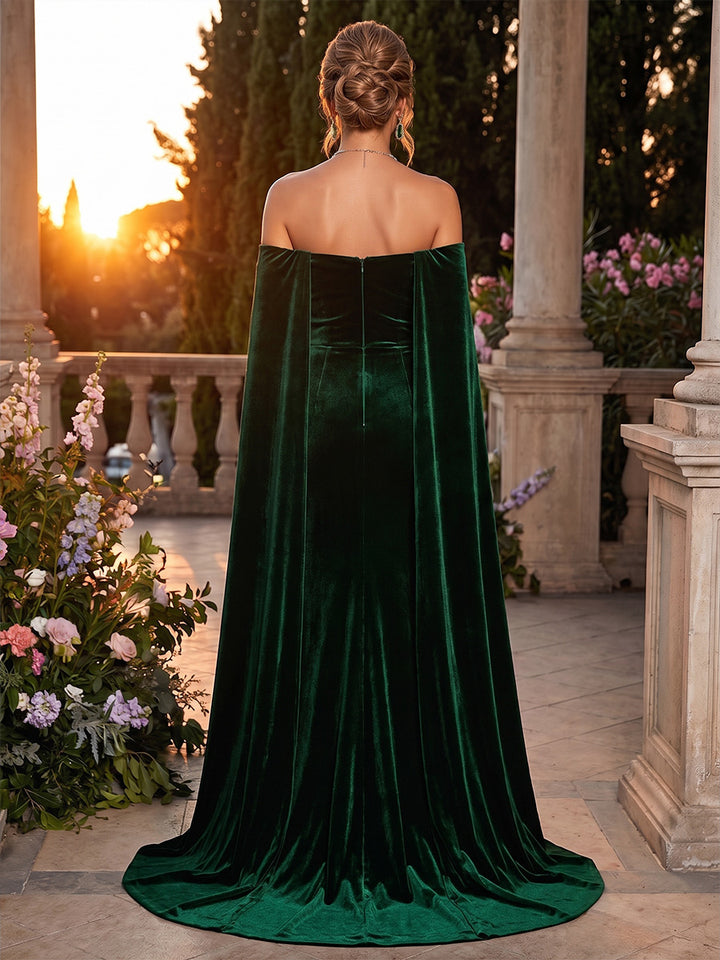 Sheath/Column Off-the-Shoulder Velvet Evening Dresses Floor-Length Cape Sleeves Formal Dresses