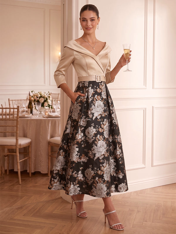 A-Line/Princess V-Neck Printed Satin Cocktail Dresses 3/4 Sleeves Tea-Length Floral Party Dresses
