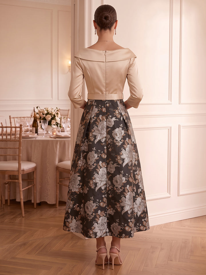 A-Line/Princess V-Neck Printed Satin Cocktail Dresses 3/4 Sleeves Tea-Length Floral Party Dresses