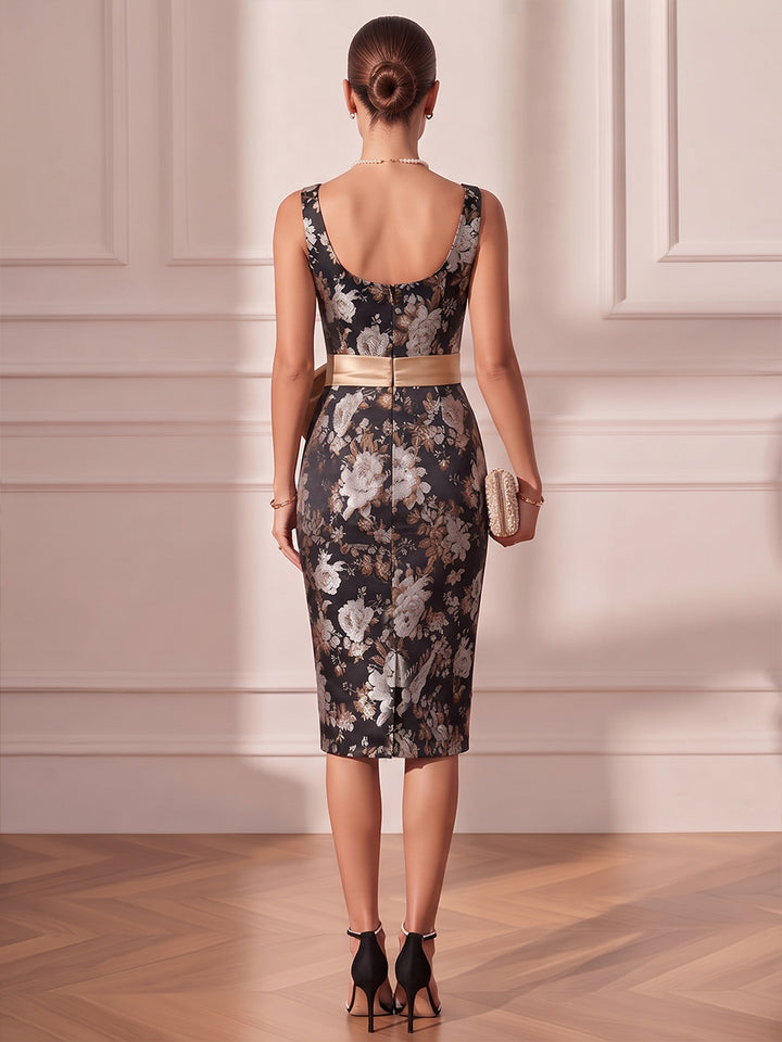 Sheath/Column Square Collar Printed Satin Cocktail Dresses with Bowknot Sleeveless Floral Knee-Length Party Dresses