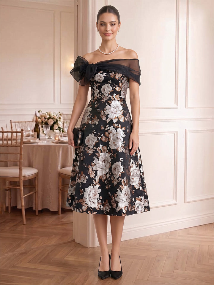 A-Line/Princess Off-the-Shoulder Printed Satin Cocktail Dresses Sleeveless Bowknot Tea-Length Floral Party Dresses
