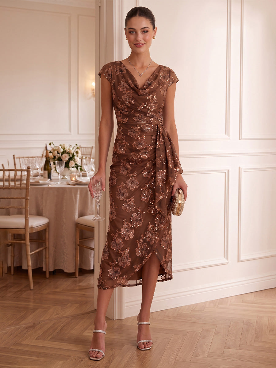 Sheath/Column Cowl Neck Floral Sequins Cocktail Dresses Sleeveless Tea-Length Party Dresses
