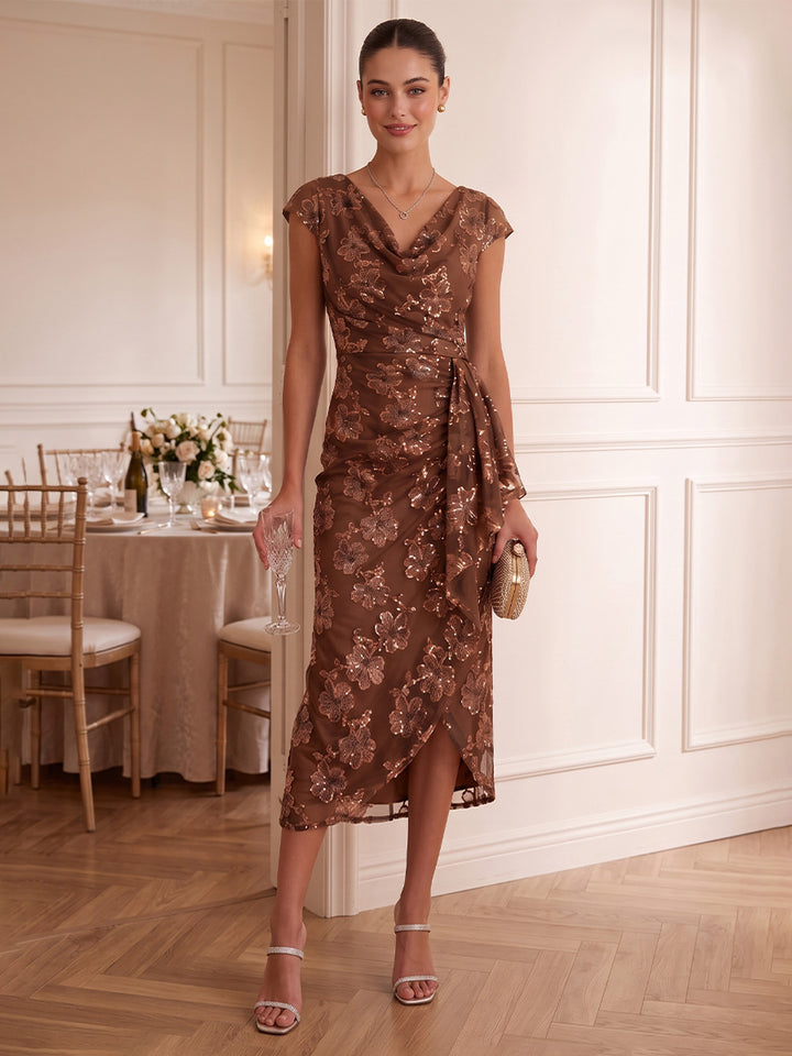 Sheath/Column Cowl Neck Floral Sequins Cocktail Dresses Sleeveless Tea-Length Party Dresses