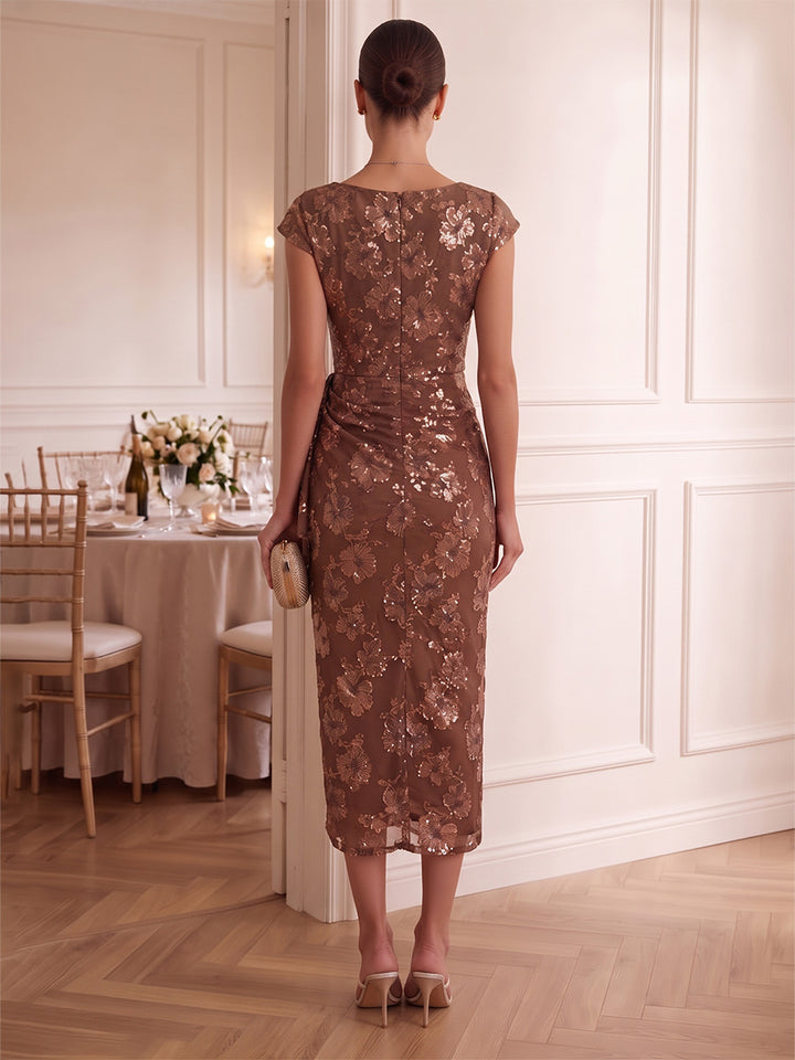 Sheath/Column Cowl Neck Floral Sequins Cocktail Dresses Sleeveless Tea-Length Party Dresses