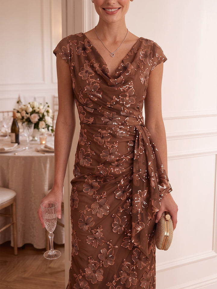 Sheath/Column Cowl Neck Floral Sequins Cocktail Dresses Sleeveless Tea-Length Party Dresses