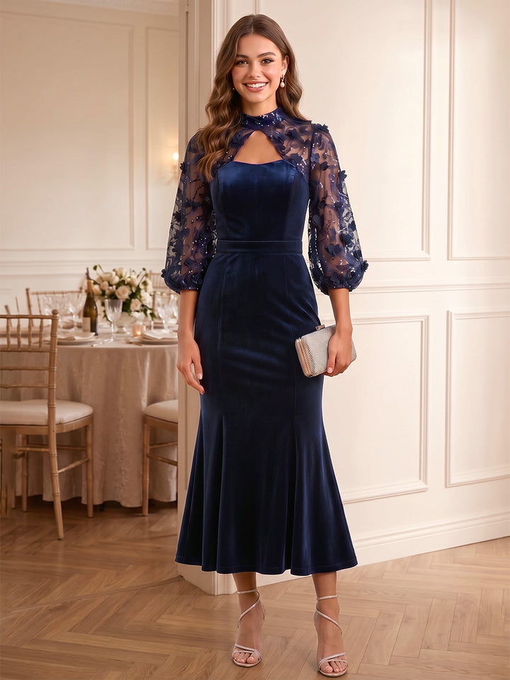 Trumpet/Mermaid Mock Neck Velvet Cocktail Dresses 3/4 Sleeves 3D Flowers Tea-Length Party Dresses