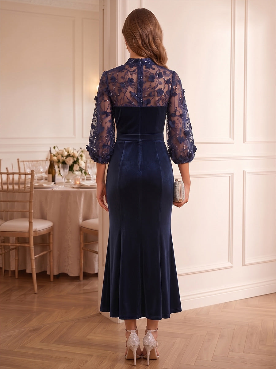 Trumpet/Mermaid Mock Neck Velvet Cocktail Dresses 3/4 Sleeves 3D Flowers Tea-Length Party Dresses