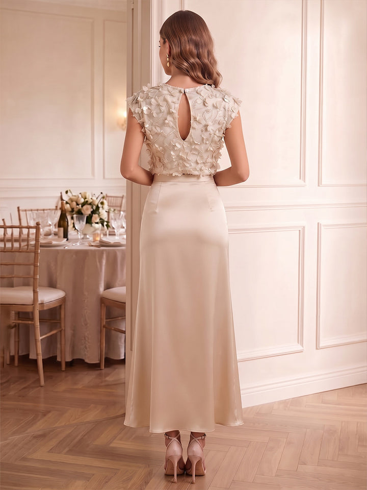 Sheath/Column Scoop Silk Satin Cocktail Dresses with Split Side Sleeveless Floral Tea-Length Party Dresses