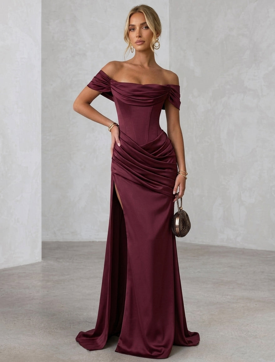 Trumpet/Mermaid Off-the-Shoulder Satin Evening Dresses with Split Side Floor-Length Ruched  Sleeveless Formal Dresses