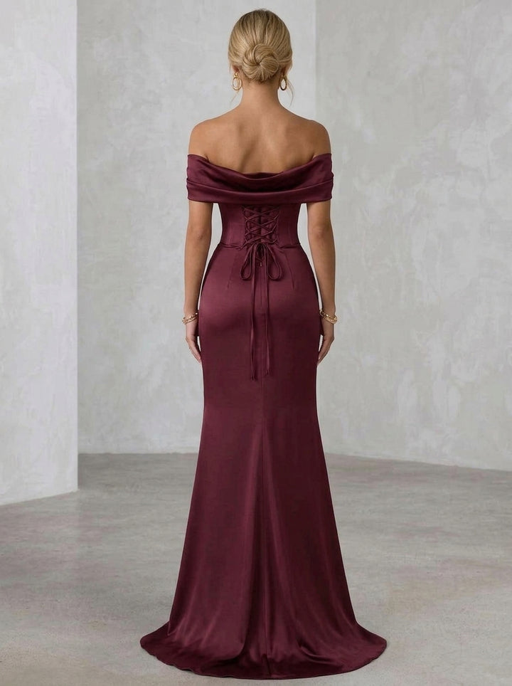 Trumpet/Mermaid Off-the-Shoulder Satin Evening Dresses with Split Side Floor-Length Ruched  Sleeveless Formal Dresses