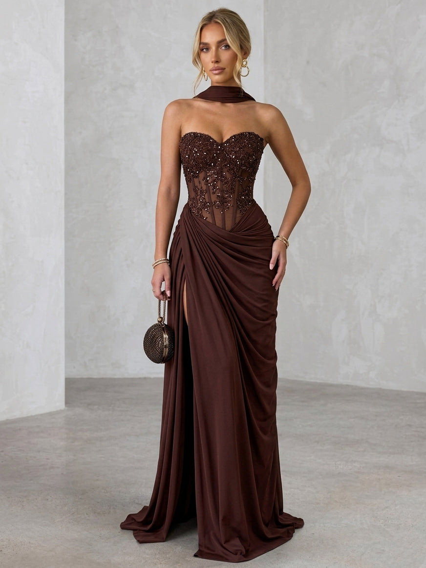 Sheath/Column Strapless Spandex Evening Dresses with Sequins Split Side Floor-Length Sleeveless Ruched Formal Dresses