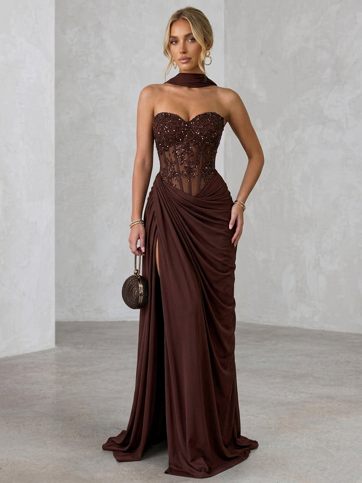 Sheath/Column Strapless Spandex Evening Dresses with Sequins Split Side Floor-Length Sleeveless Ruched Formal Dresses