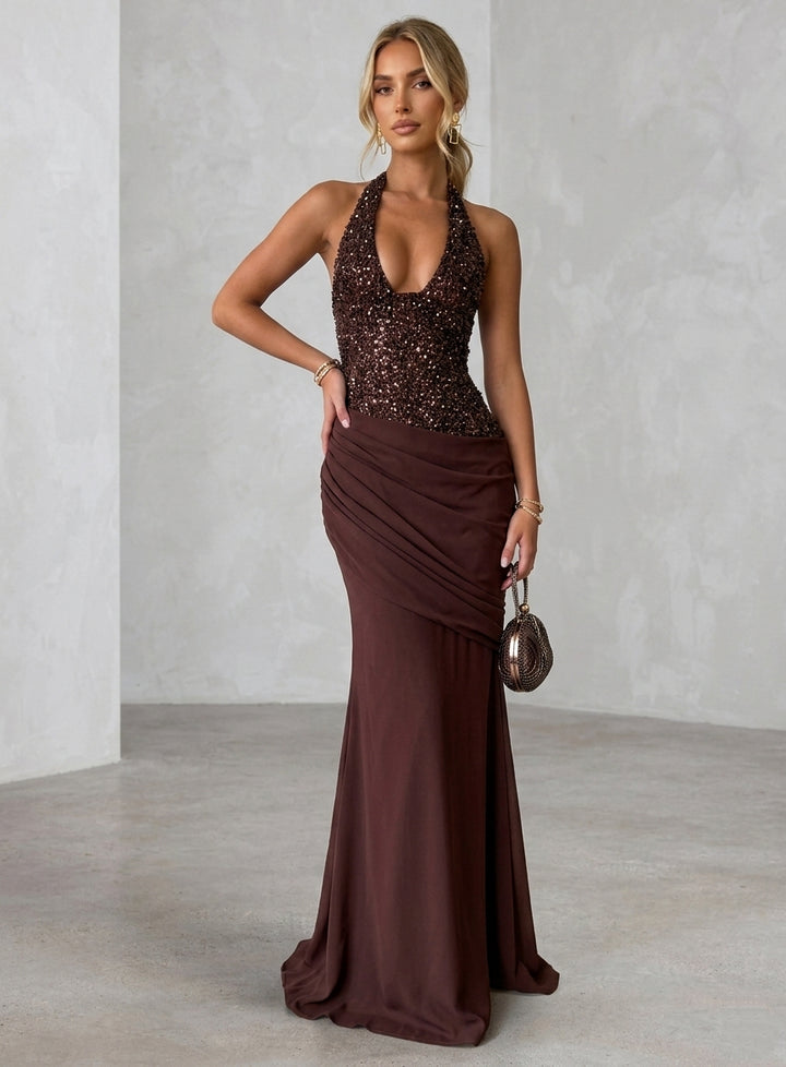 Sheath/Column Halter Spandex Evening Dresses Sequins Floor-Length Sleeveless Ruched Formal Dresses