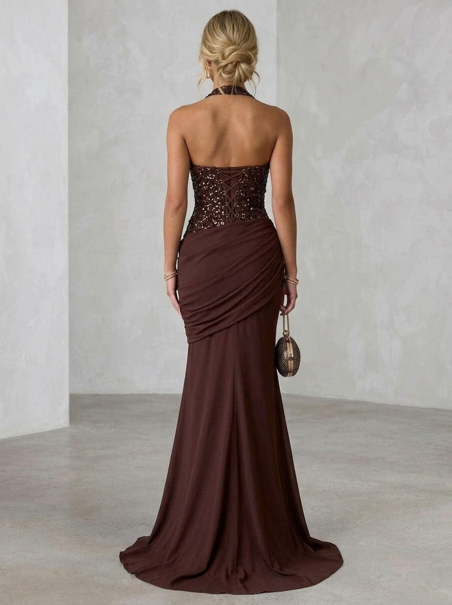 Sheath/Column Halter Spandex Evening Dresses Sequins Floor-Length Sleeveless Ruched Formal Dresses