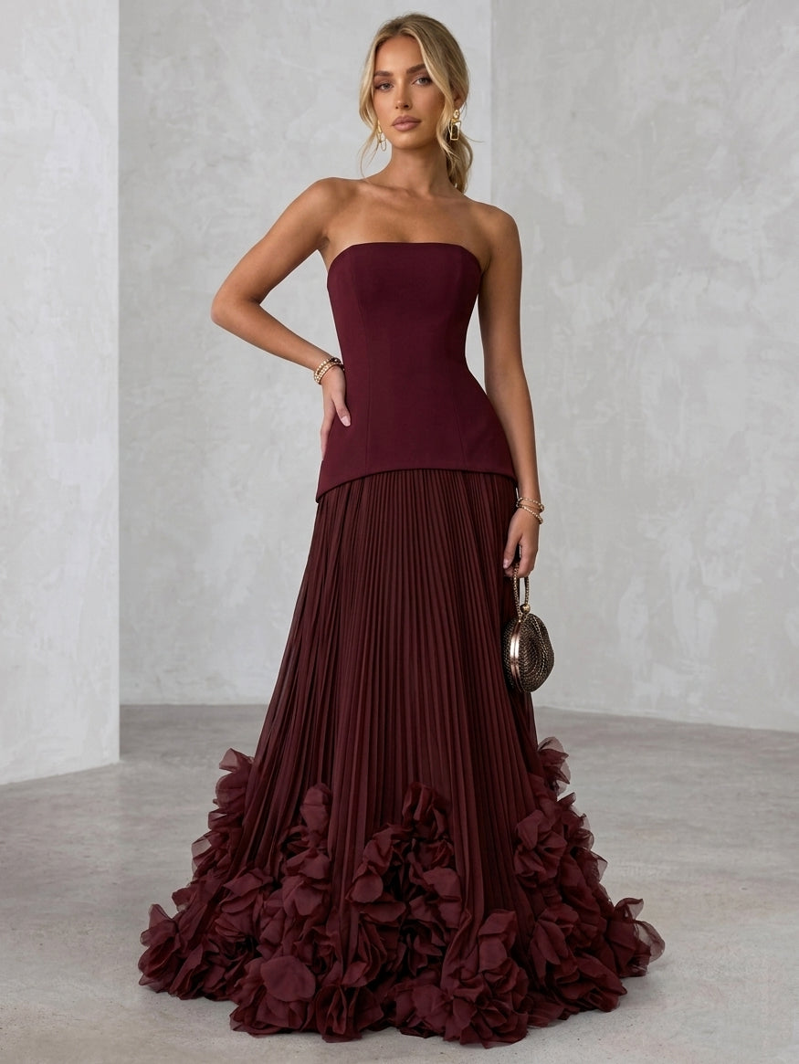 A-Line/Princess Strapless Stretch Satin Evening Dresses with 3D Flowers Chiffon Pleated Floor-Length Sleeveless Formal Dresses