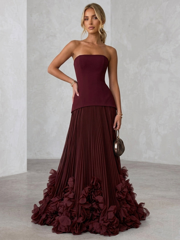 A-Line/Princess Strapless Stretch Satin Evening Dresses with 3D Flowers Chiffon Pleated Floor-Length Sleeveless Formal Dresses