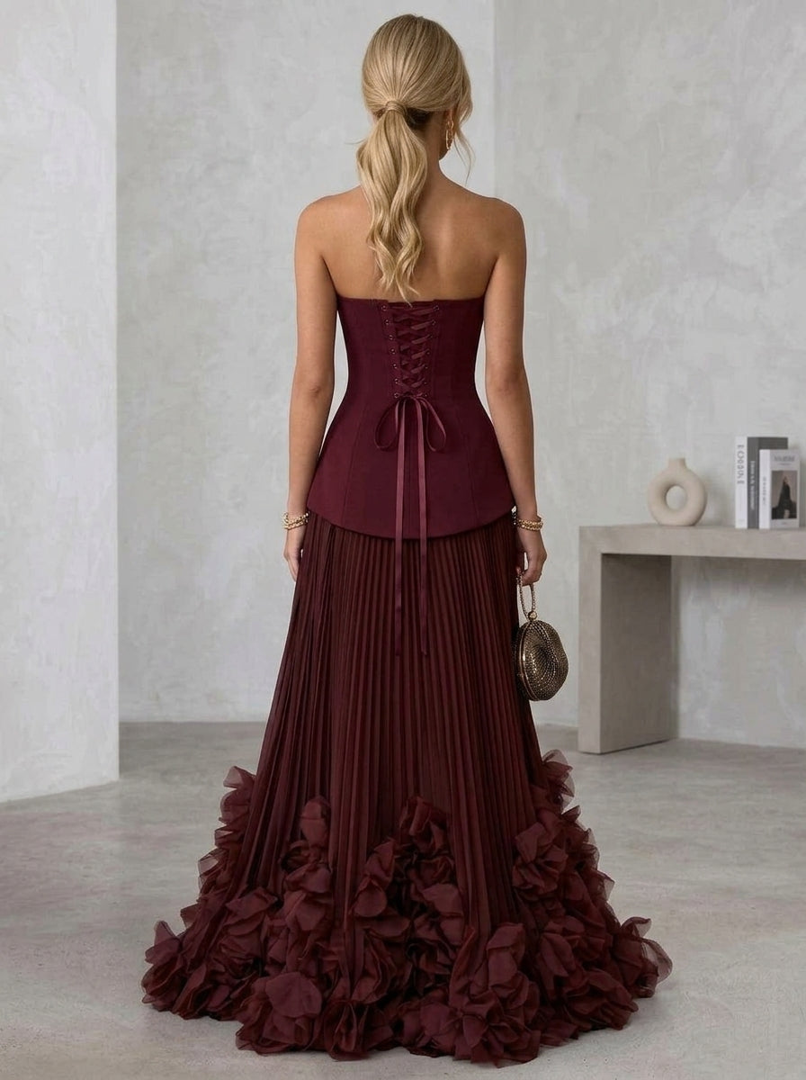 A-Line/Princess Strapless Stretch Satin Evening Dresses with 3D Flowers Chiffon Pleated Floor-Length Sleeveless Formal Dresses