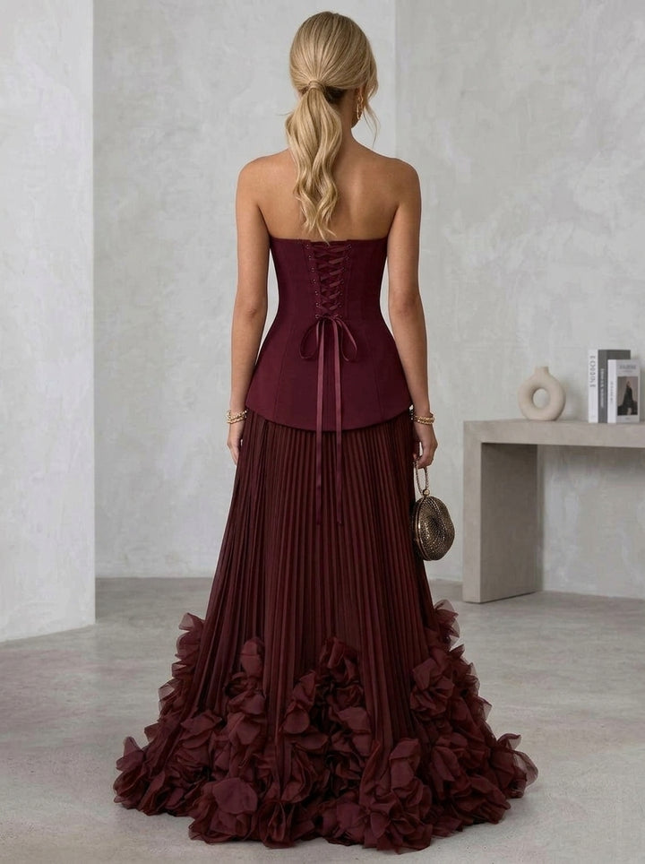 A-Line/Princess Strapless Stretch Satin Evening Dresses with 3D Flowers Chiffon Pleated Floor-Length Sleeveless Formal Dresses