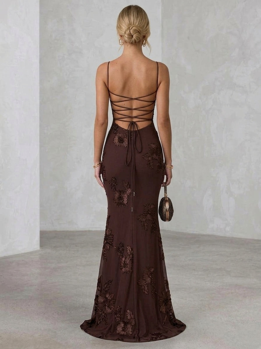 Sheath/Column Spaghetti Straps Lace Embroidery Evening Dresses Sleeveless Floral Floor-Length Formal Dresses