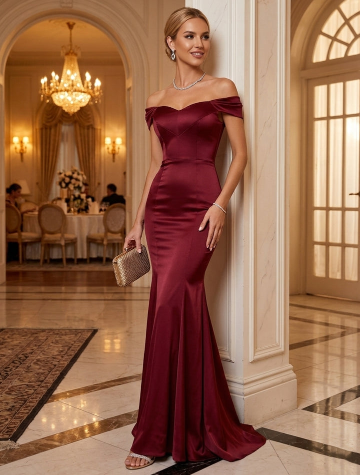 Trumpet/Mermaid Off-the-Shoulder Satin Evening Dresses Floor-Length Sleeveless Formal Dresses