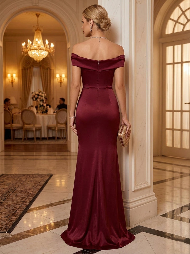 Trumpet/Mermaid Off-the-Shoulder Satin Evening Dresses Floor-Length Sleeveless Formal Dresses