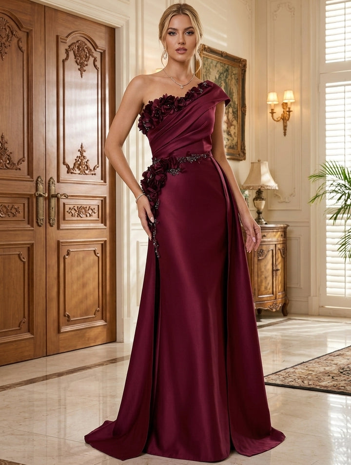 A-Line/Princess One-Shoulder Satin Evening Dresses with Overskirt 3D Flowers Floor-Length Sleeveless Formal Dresses