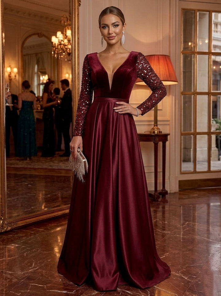 A-Line/Princess V-Neck Satin Evening Dresses Velvet Floor-Length Sequins Long Sleeves Formal Dresses