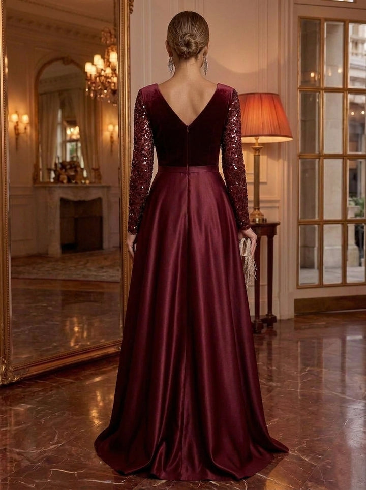 A-Line/Princess V-Neck Satin Evening Dresses Velvet Floor-Length Sequins Long Sleeves Formal Dresses